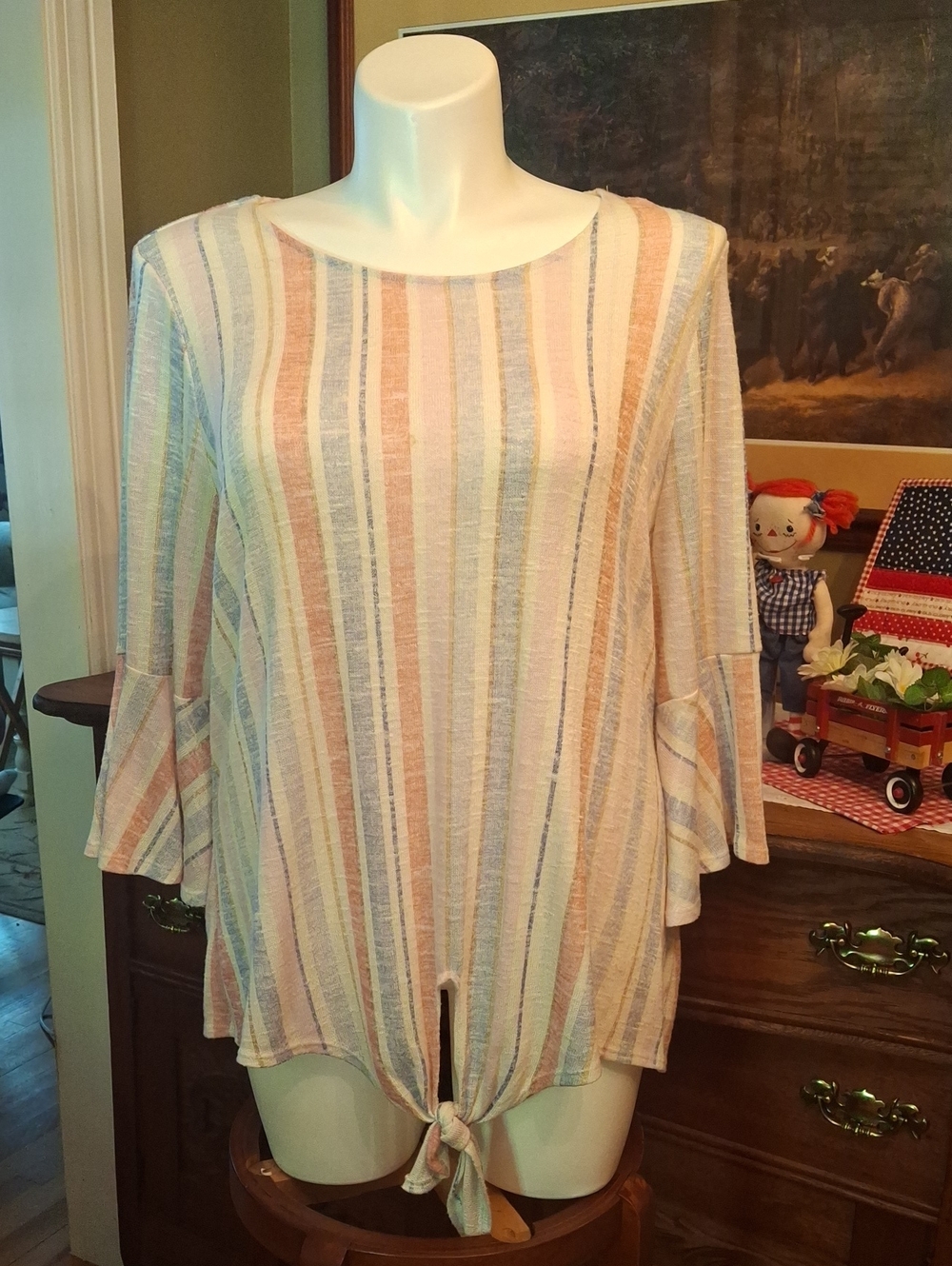 new directions Curvy Pastel Striped Tie-Front Tunic in Cream, Pink, Blue